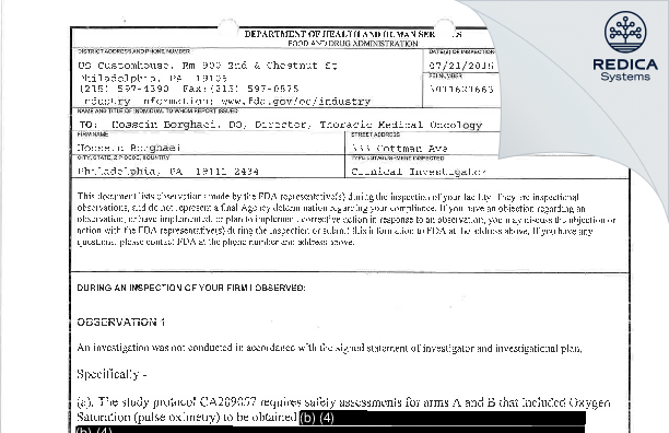 FDA 483 - Hossein Borghaei, D.O. [Philadelphia / United States of America] - Download PDF - Redica Systems