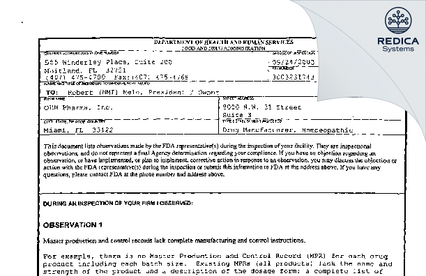 FDA 483 - OHM PHARMA INC. [Mineral Wells / United States of America] - Download PDF - Redica Systems