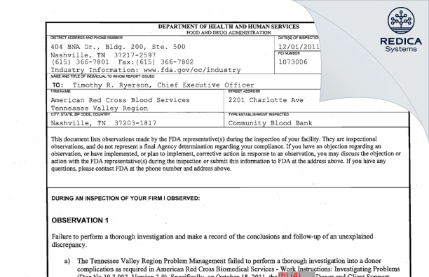 FDA 483 - American Red Cross Blood Services Tennessee Valley Region [Nashville / United States of America] - Download PDF - Redica Systems