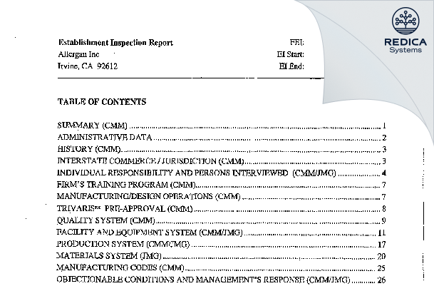 EIR - Allergan Sales, LLC [Irvine / United States of America] - Download PDF - Redica Systems