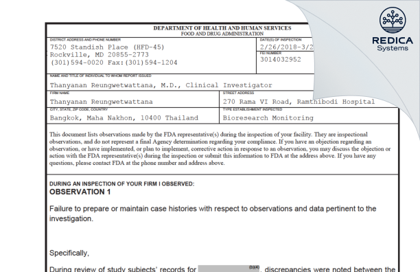 FDA 483 - Thanyanan Reungwetwattana [Bangkok / Thailand] - Download PDF - Redica Systems