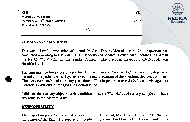EIR - MECTA Corporation [Tualatin / United States of America] - Download PDF - Redica Systems