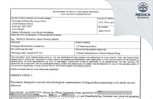 FDA 483 - Emergent BioSolutions Canada Inc [Canada / Canada] - Download PDF - Redica Systems