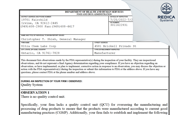 FDA 483 - Ultra Chem Labs Corp [Diamond Bar / United States of America] - Download PDF - Redica Systems