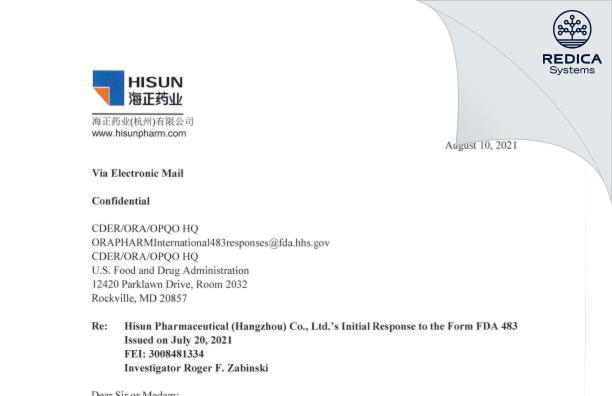 FDA 483 Response - Hisun Pharmaceutical (Hangzhou) Co., Ltd. [China / China] - Download PDF - Redica Systems