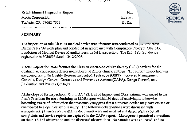EIR - MECTA Corporation [Tualatin / United States of America] - Download PDF - Redica Systems