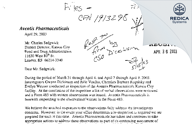 FDA 483 Response - Sanofi - Aventis US LLC [Kansas City / United States of America] - Download PDF - Redica Systems