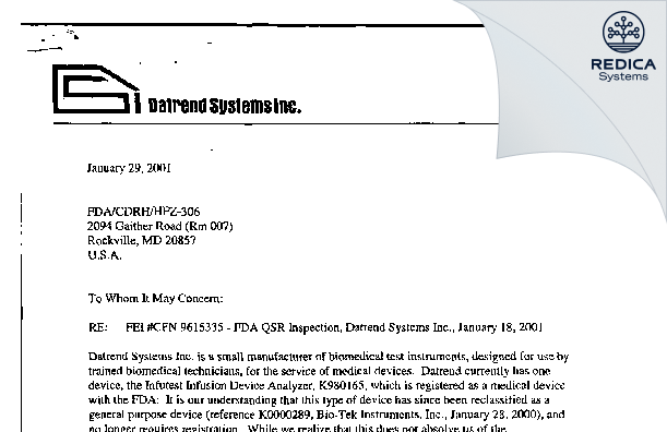 FDA 483 Response - Datrend Systems Inc. [Richmond / Canada] - Download PDF - Redica Systems