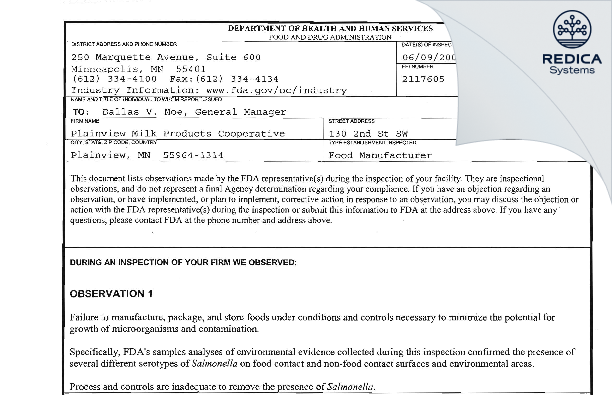 FDA 483 - Plainview Milk Products Cooperative [Plainview / United States of America] - Download PDF - Redica Systems