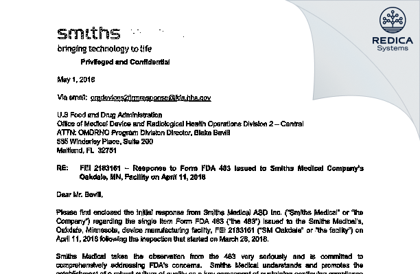 FDA 483 Response - SMITHS MEDICAL ASD, INC. [Saint Paul / United States of America] - Download PDF - Redica Systems