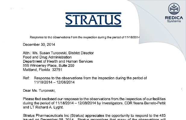 FDA 483 Response - Stratus Pharmaceuticals Inc [Miami / United States of America] - Download PDF - Redica Systems