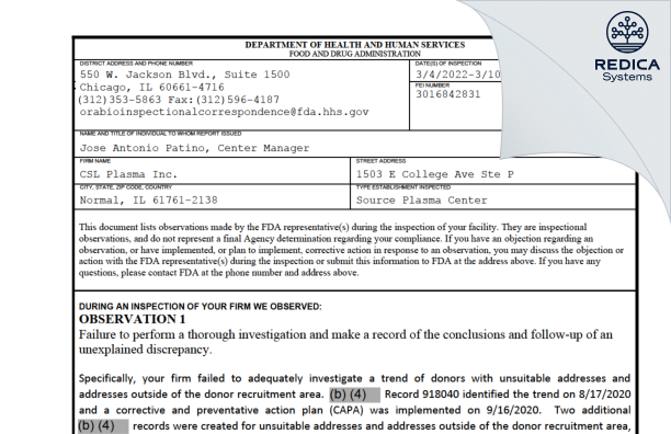 FDA 483 - CSL Plasma Inc. [Normal / United States of America] - Download PDF - Redica Systems