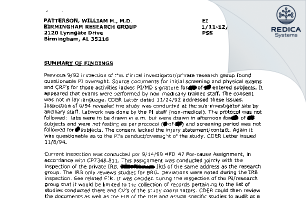 EIR - Patterson, William, M.D. [Birmingham / United States of America] - Download PDF - Redica Systems