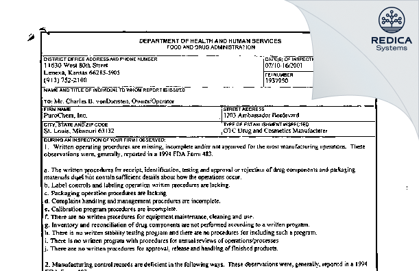 FDA 483 - PCI Inc [Olivette / United States of America] - Download PDF - Redica Systems