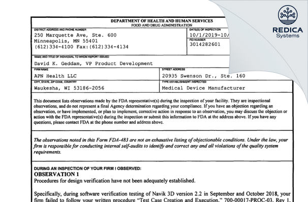 FDA 483 - APN Health LLC [Waukesha / United States of America] - Download PDF - Redica Systems