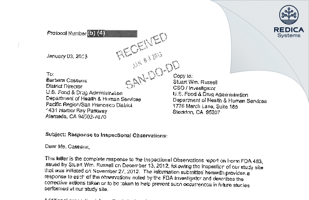 FDA 483 Response - Sudesh Nagavalli, M.D. [Hanford / United States of America] - Download PDF - Redica Systems