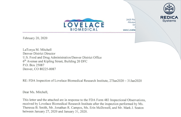 FDA 483 Response - Lovelace Biomedical Research Institute [Albuquerque / United States of America] - Download PDF - Redica Systems