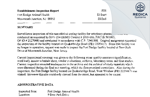EIR - Fort Dodge Animal Health [Monmouth Junction / United States of America] - Download PDF - Redica Systems