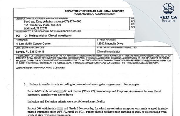 FDA 483 - Melissa Alsina, MD [Tampa / United States of America] - Download PDF - Redica Systems