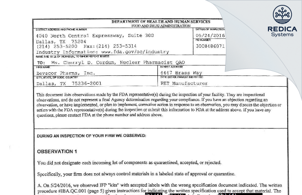 FDA 483 - SOFIE Co. dba SOFIE [Dallas / United States of America] - Download PDF - Redica Systems