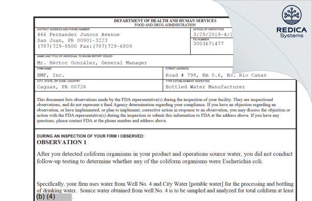 FDA 483 - BMF, Inc. [Caguas / United States of America] - Download PDF - Redica Systems