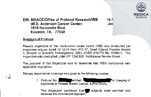EIR - MD Anderson Cancer Center [Houston / United States of America] - Download PDF - Redica Systems