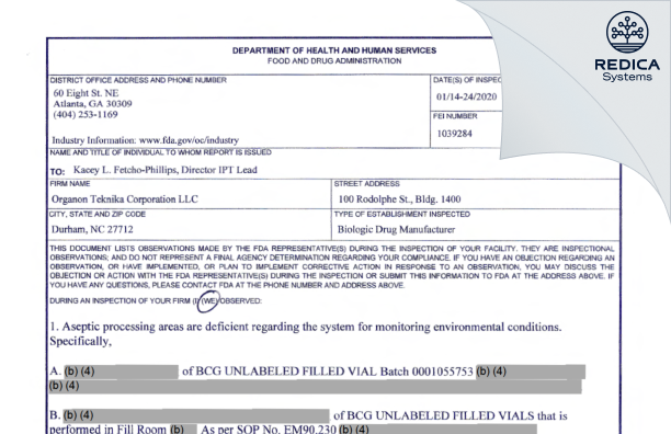 FDA 483 - Merck Teknika LLC [Durham / United States of America] - Download PDF - Redica Systems