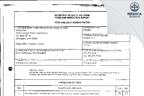 EIR - K&S H2O INC. [Davenport / United States of America] - Download PDF - Redica Systems