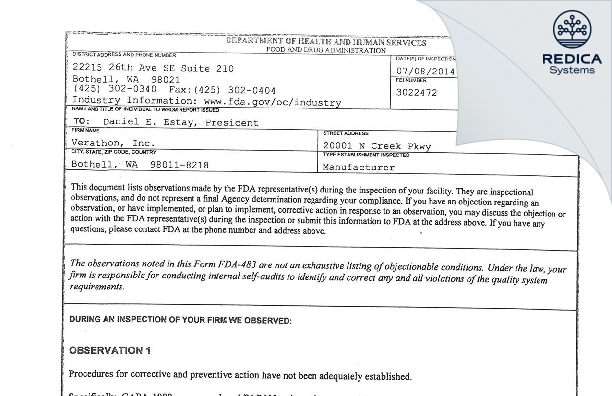 FDA 483 - Verathon, Inc. [Bothell / United States of America] - Download PDF - Redica Systems