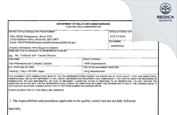 FDA 483 - Sato Pharmaceutical Co., Ltd. [Tokyo / Japan] - Download PDF - Redica Systems