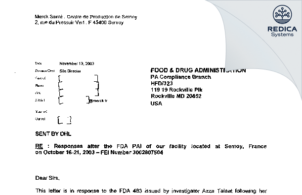 FDA 483 Response - Merck Sante [France / France] - Download PDF - Redica Systems