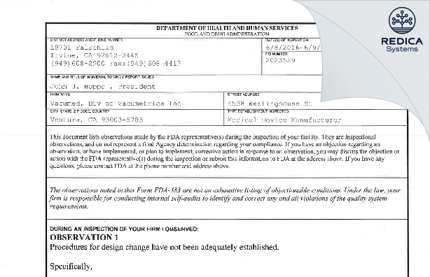 FDA 483 - Vacumed, Div of Vacumetrics Inc [Ventura / United States of America] - Download PDF - Redica Systems