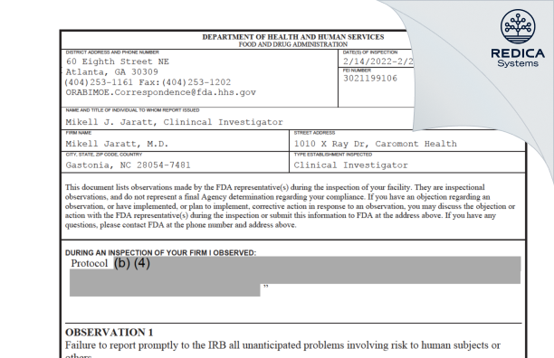 FDA 483 - Mikell Jaratt, M.D. [Gastonia / United States of America] - Download PDF - Redica Systems