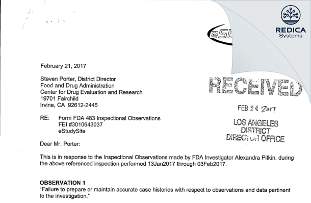 FDA 483 Response - Jeffrey S. Overcash, MD [La Mesa / United States of America] - Download PDF - Redica Systems