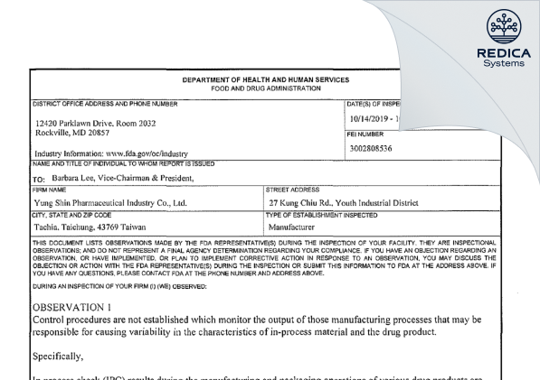 FDA 483 - YUNG SHIN PHARM. IND. CO., LTD. [Taichung City / Taiwan] - Download PDF - Redica Systems