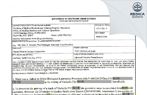 FDA 483 - Merck Sharp & Dohme LLC [Durham / United States of America] - Download PDF - Redica Systems