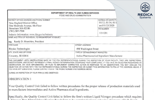 FDA 483 - PHARMARON MANUFACTURING SERVICES (US) LLC [Coventry / United States of America] - Download PDF - Redica Systems