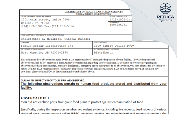 FDA 483 - Family Dollar Distribution Inc. [West Memphis / United States of America] - Download PDF - Redica Systems