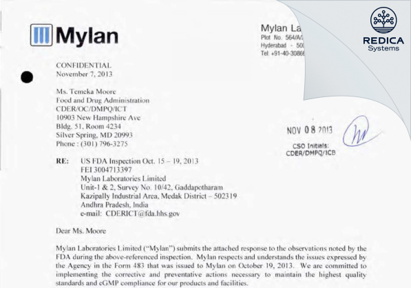 FDA 483 Response - MYLAN LABORATORIES LIMITED [India / India] - Download PDF - Redica Systems