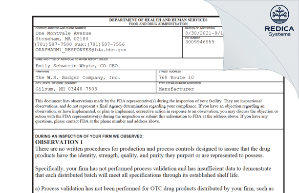 FDA 483 - W.S. BADGER COMPANY, INC. [Hampshire / United States of America] - Download PDF - Redica Systems