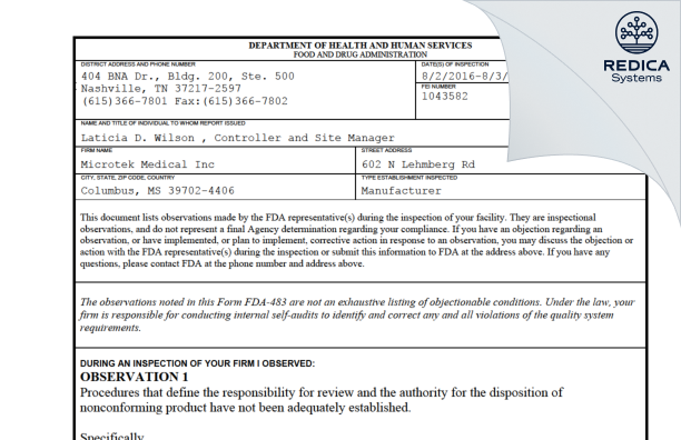 FDA 483 - Microtek Medical Inc [Columbus / United States of America] - Download PDF - Redica Systems