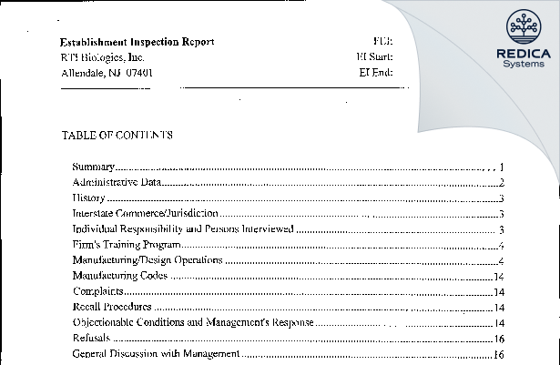 EIR - RTI Biologics, Inc. [Allendale / United States of America] - Download PDF - Redica Systems