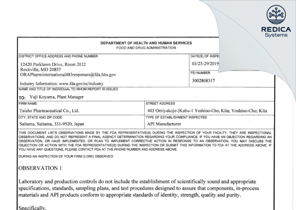 FDA 483 - Taisho Pharmaceutical Co., Ltd. [Saitama / Japan] - Download PDF - Redica Systems