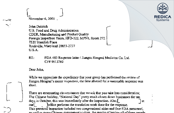 FDA 483 Response - Jiangsu Hengrui Medicine Co., Ltd. [Lianyungang / China] - Download PDF - Redica Systems