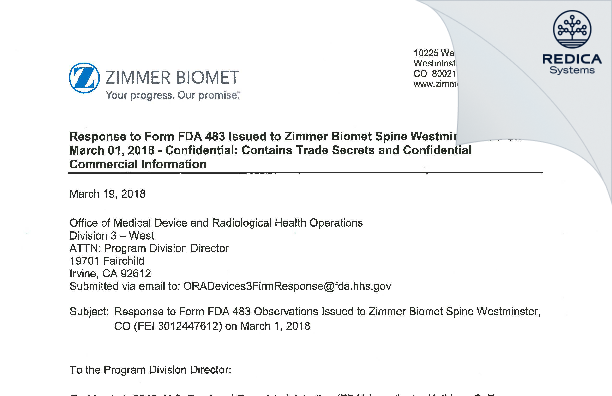 FDA 483 Response - Zimmer Biomet Spine Inc. [Westminster / United States of America] - Download PDF - Redica Systems