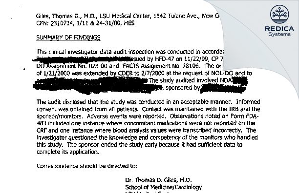 EIR - Giles, Thomas D, M.D. [New Orleans / United States of America] - Download PDF - Redica Systems