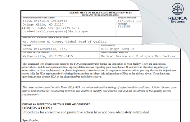 FDA 483 - Lonza Walkersville, Inc. [Walkersville / United States of America] - Download PDF - Redica Systems