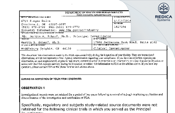 FDA 483 - Martin B Scharf PhD [Cincinnati / United States of America] - Download PDF - Redica Systems