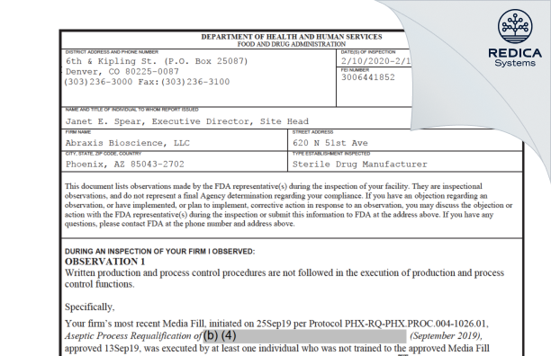 FDA 483 - Abraxis BioScience, LLC [Phoenix Arizona / United States of America] - Download PDF - Redica Systems