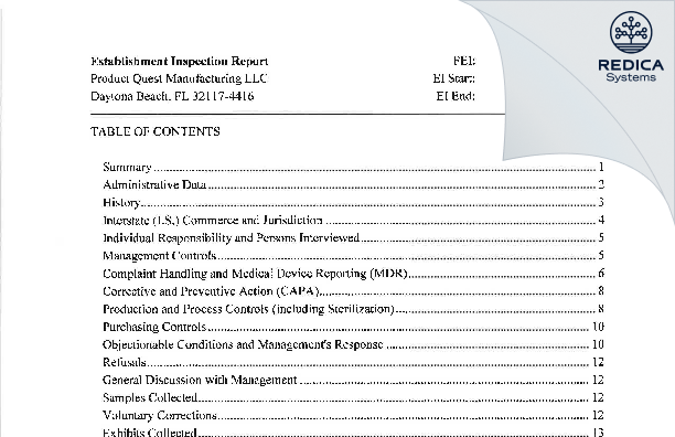 EIR - Product Quest Manufacturing LLC [Daytona Beach / United States of America] - Download PDF - Redica Systems